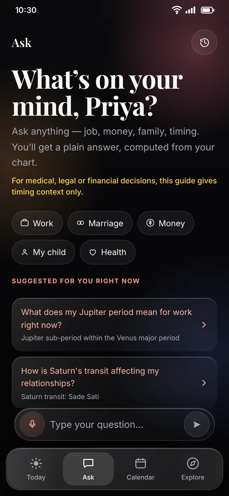 Ask: topic chips for work, marriage, money, child and health, with questions suggested from your chart.