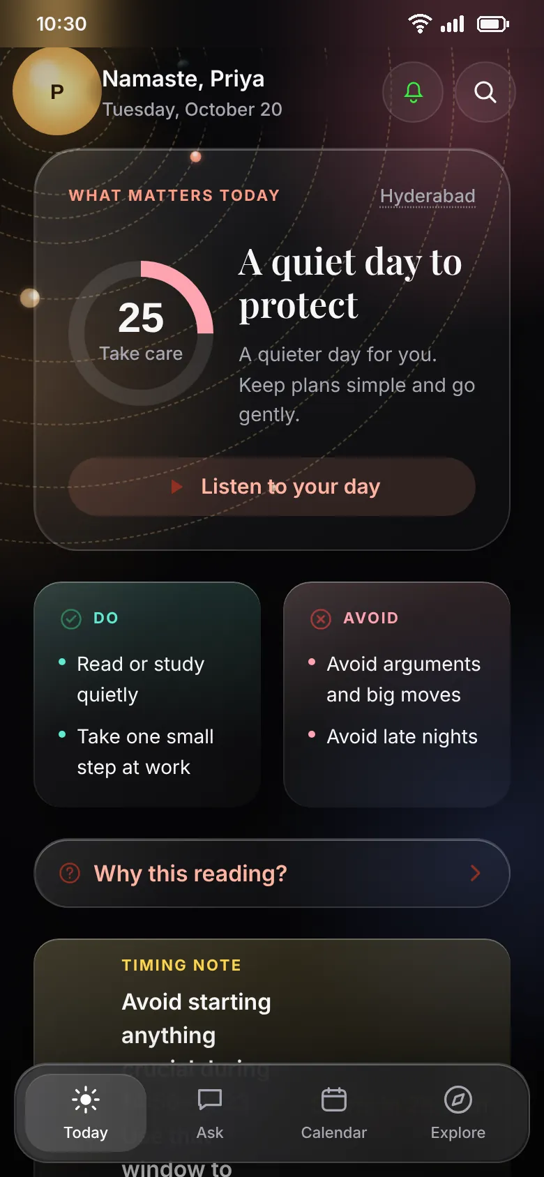 Siddha's Today screen: a day score, what to do and avoid today, and a timing note.