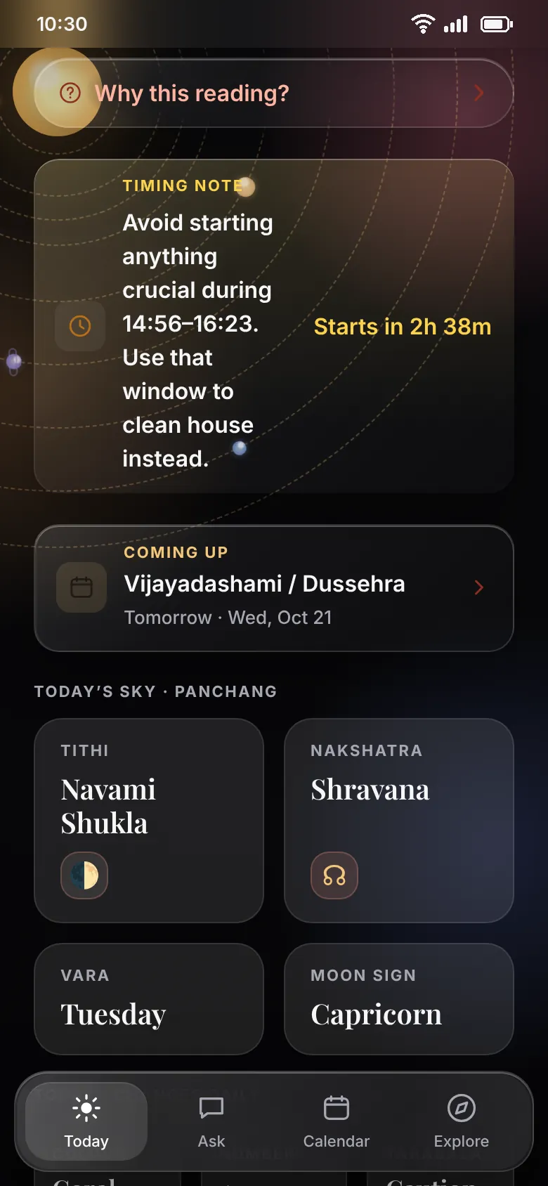 Today, further down: a timing note with a countdown, the next festival, and today's Panchang.